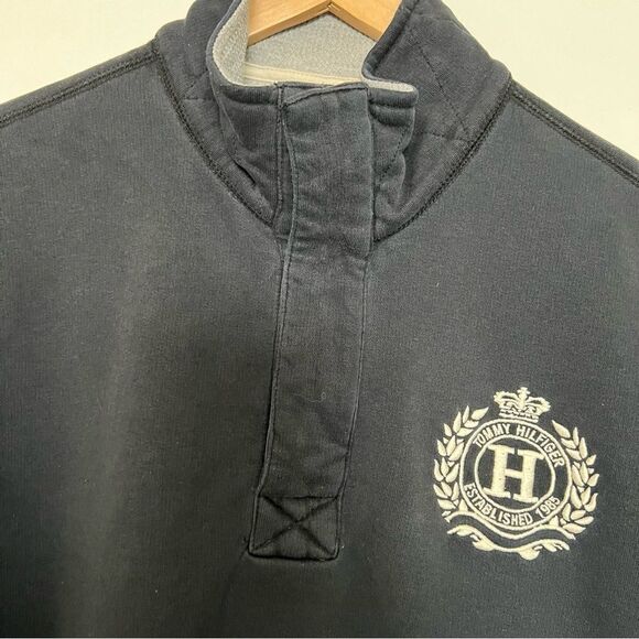 Tommy Hilfiger Sweater Pullover Mens Medium Black 1/4 Zip Snap Button Mock Neck - Picture 6 of 15